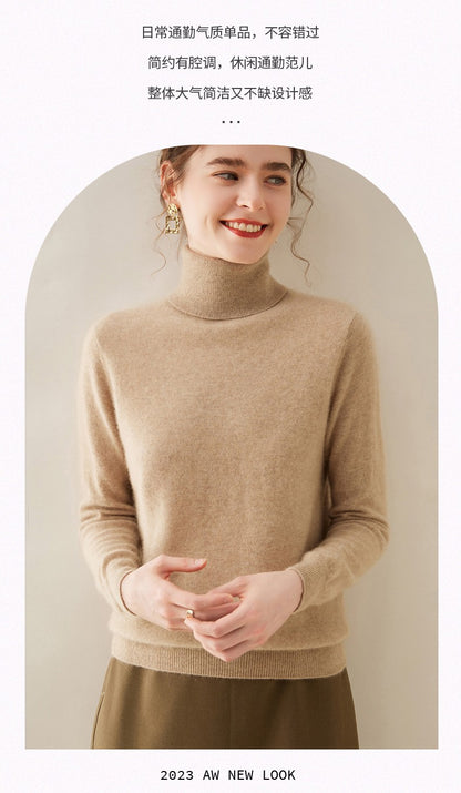 Suéter de Cashmere Feminino Gola Alta Manga Comprida Pulôver de Malha 100% Cashmere Puro Suéter Básico Versão Coreana Top Feminino