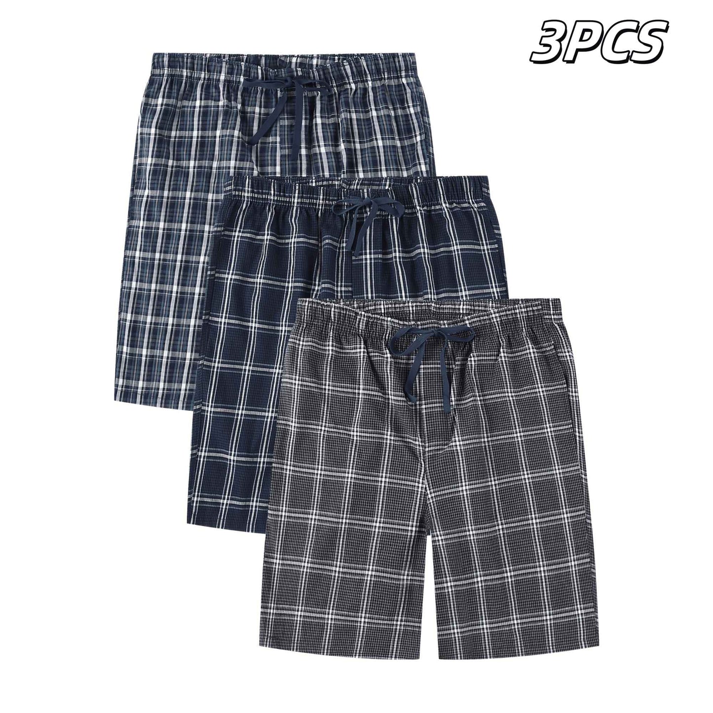 3pcs Mens Pajama Pants Woven 100% Cotton Classic Plaid Shorts Sleepwear Casual  Comfortable with Button and Drawstring Pockets