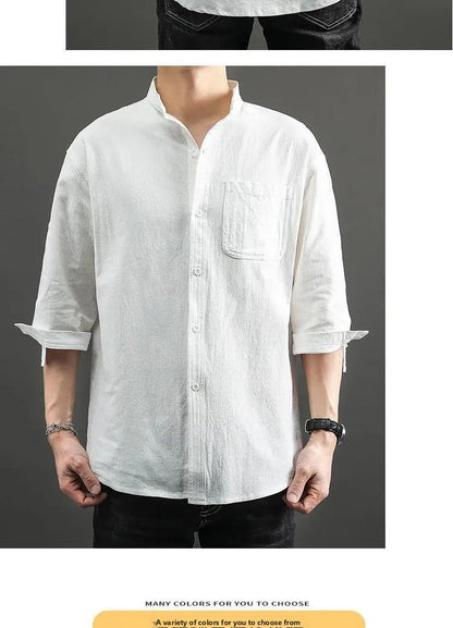 Casual Linen Cotton Shirt Men's Loose Sleeveless Top Chinese Style Autumn Outerwear Comfortable Breathable Men's Casual Shirt