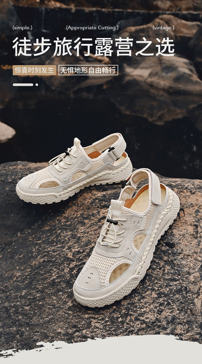 Sandals men's tide summer new style leather toe cap outdoor leisure sports hollow sandals beach shoes Handmade mesh men shoes