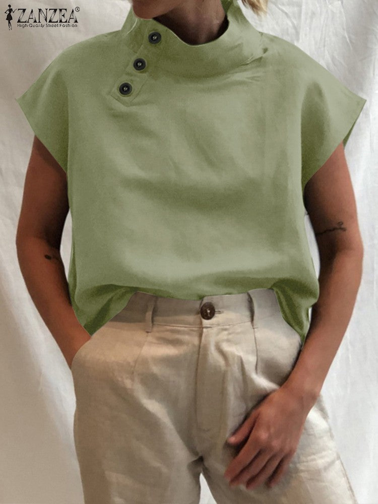 ZANZEA Fashion Women Blouses 2024 Summer Cotton Linen Blusas Mujer Stylish White Shirt Elegant Short Sleeve Tunics Lightweight