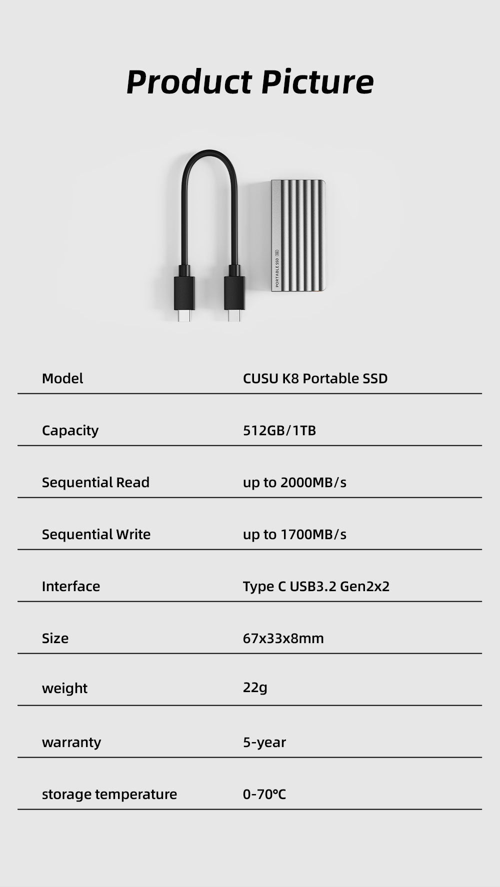 CUSU 1TB External SSD Drive 512GB Portable SSD 256GB 2TB Solid State Drive Type-C for Phone Laptop