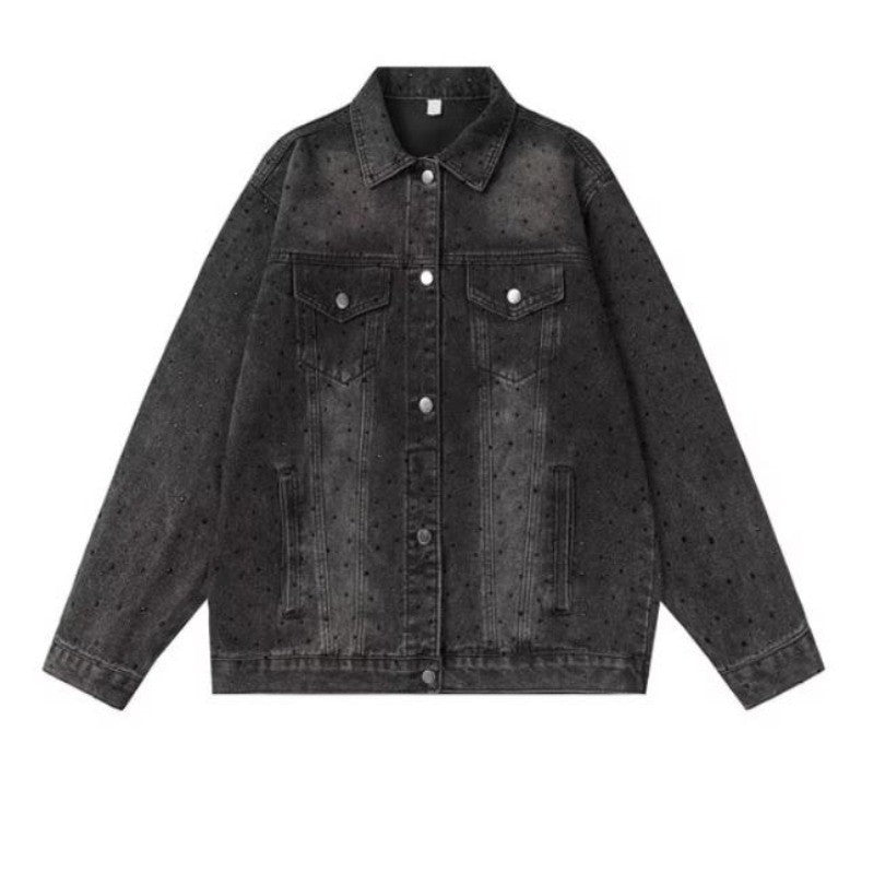 American Trendy Denim Jacket Mens Make Old Flash Diamond Fashion Outwear Spring Single-breasted Street Couple Cowboy Coats