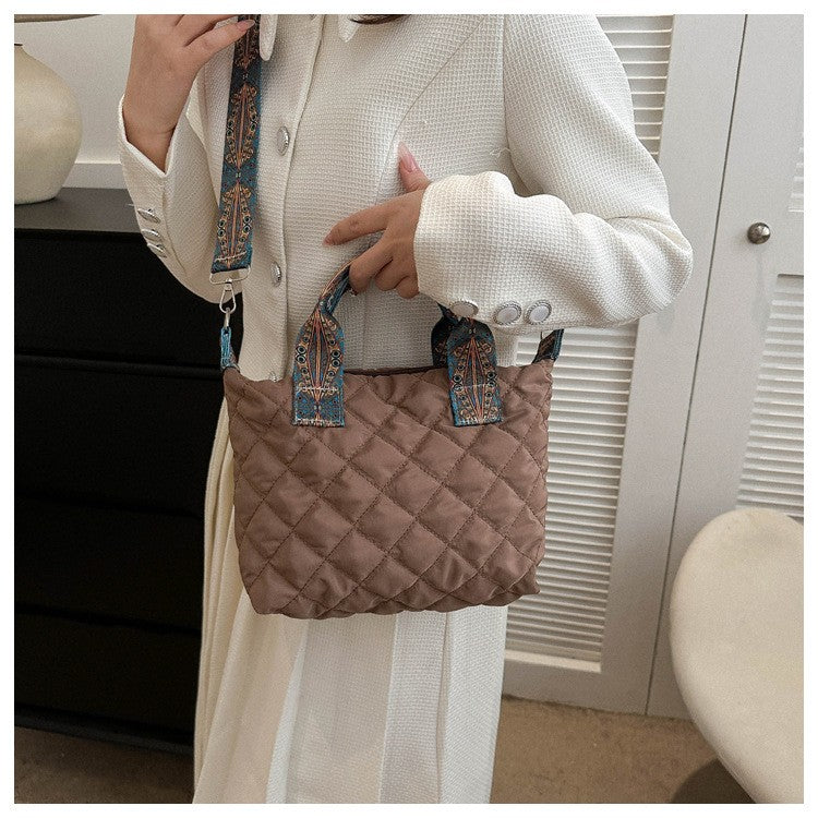 Women Wide Shoulder Belt Handbag Fall/Winter Rhombus Space Cotton Shoulder Bag Large Capacity All-Match Shopping Tote Bag