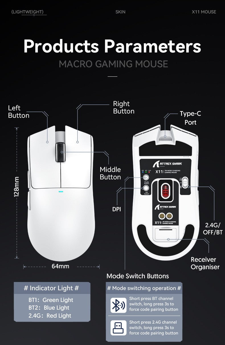 Mouse Gamer Attack Shark X11 Sem Fio Bluetooth Triplo Modo, Tela Sensível ao Toque, Base de Carregamento Magnético, Ultraleve, com Macro