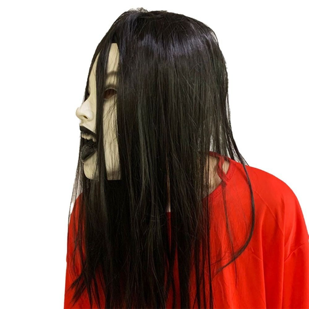 Latex Mask Scary Woman Masks Realistic Long Hair Party Cosplay Costume Ghostface Design Black Lips Creepier Headgear