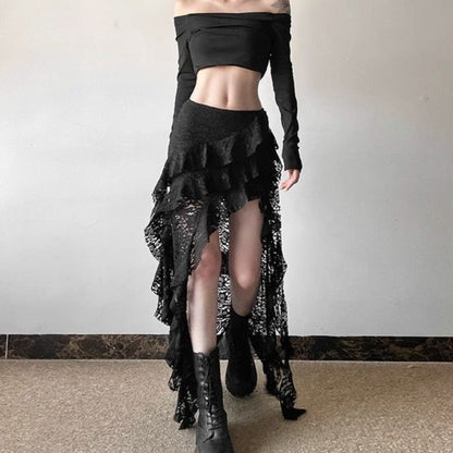 Gothic Skirt 2000s Summer Women's Clothes Gyaru Kpop Streetwear Lace High waist Casual Aesthetic Long Skrit Femme Hip hop Skirts