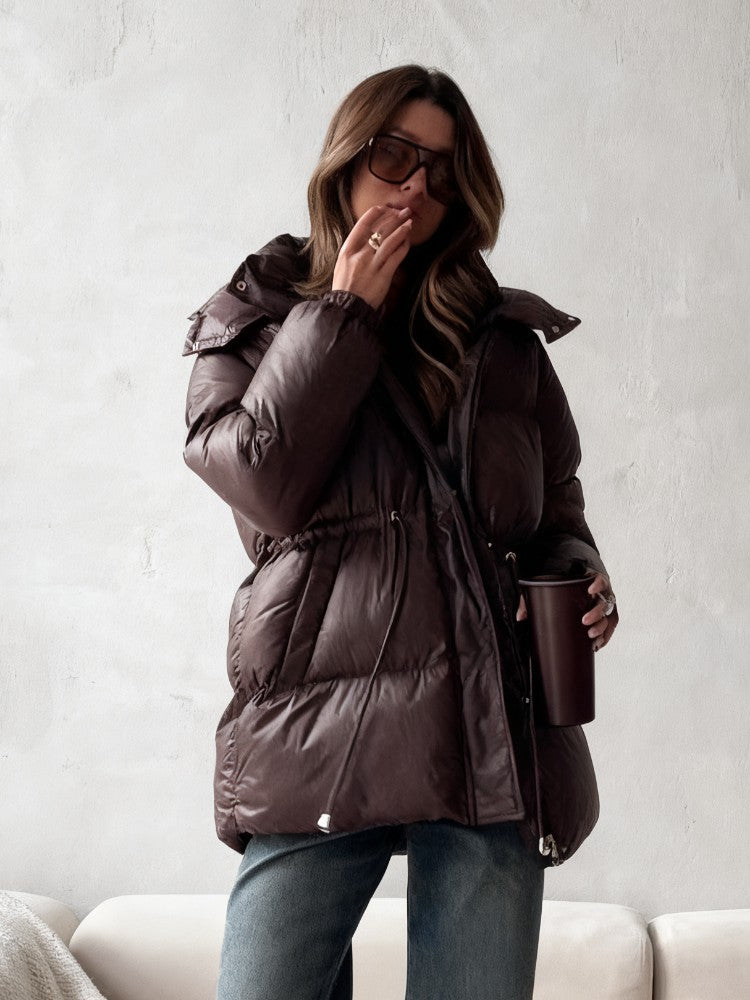 Chic Hooded Cotton Padded Jackets For Women Y2K Single Breasted Zipper Drawstring Coats 2026 Winter Pocket Long Sleeve Outerwear