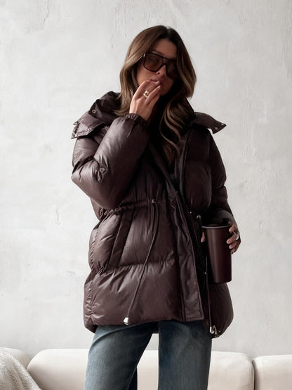 Chic Hooded Cotton Padded Jackets For Women Y2K Single Breasted Zipper Drawstring Coats 2026 Winter Pocket Long Sleeve Outerwear