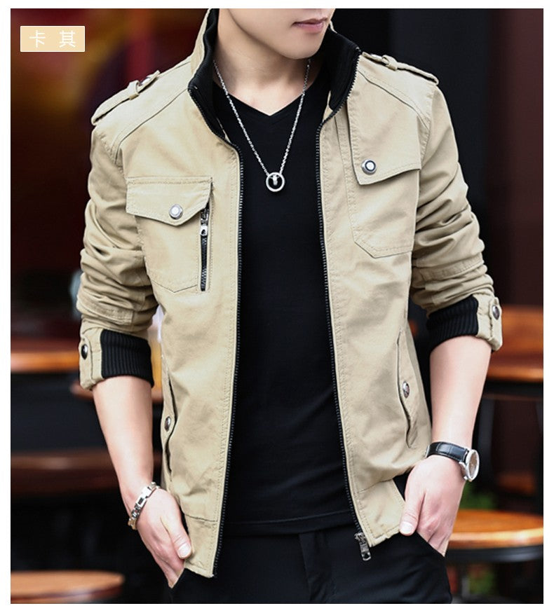 Korean Fashion Stand-up Collar Denim Cargo Coat 2023 Spring Autumn New Men's Jacket Men's Zipper Pocket Stitching Slim Jacket