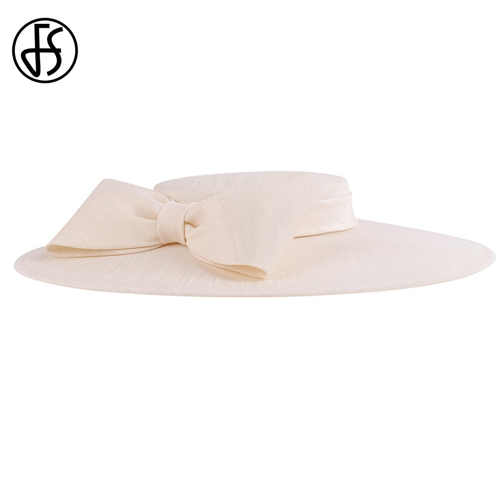 FS Elegante Chapéu de Aba Larga Marfim Feminino Grande Laço Ocasião Formal Kentucky Boné Feminino Casamento Coquetel Festa Fedora de Topo Reto 2024