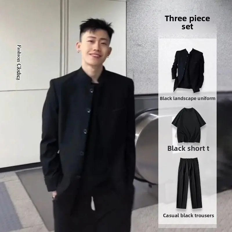 New Black Zhongshan Suit Jacket for Young Men Chinese Style Outerwear Popular Internet Celebrity Zhao Shanghe Topwear