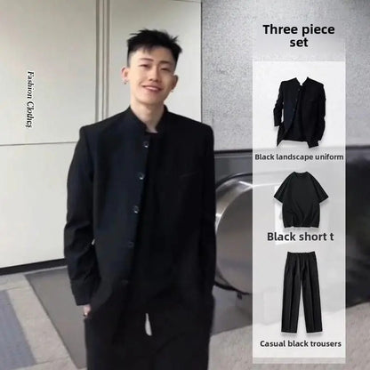 New Black Zhongshan Suit Jacket for Young Men Chinese Style Outerwear Popular Internet Celebrity Zhao Shanghe Topwear