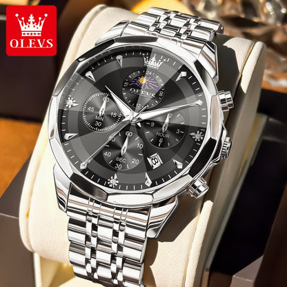 OLEVS Original Fashion Moon Phase Men's Watches Waterproof Chronograph Quartz Watch Stainless steel Calendar Brand Wristwatch
