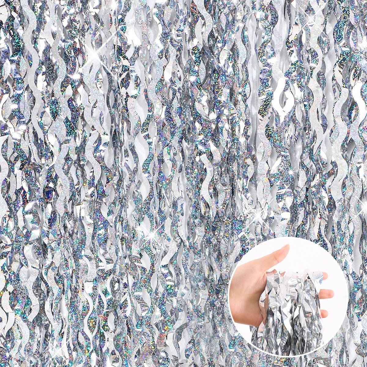 1x2m Wave Pattern Foil Curtain Decor Balloon Rain Tinsel Fringe Streamer Background for Birthday Party Wedding Decoration