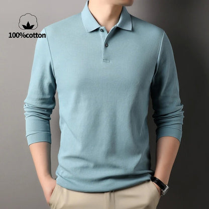 Durable 100% Cotton Men Polo Shirt,Autumn Leisure Long Sleeve, Breathable Lapels T-shirt, 16 Colors, Perfect for Golf and Sports