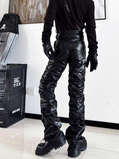 Mauroicardi Spring Autumn Cool Long Ruched Soft Black Pu Leather Stacked Pants for Men Luxury Designer Cyberpunk Rock Clothes