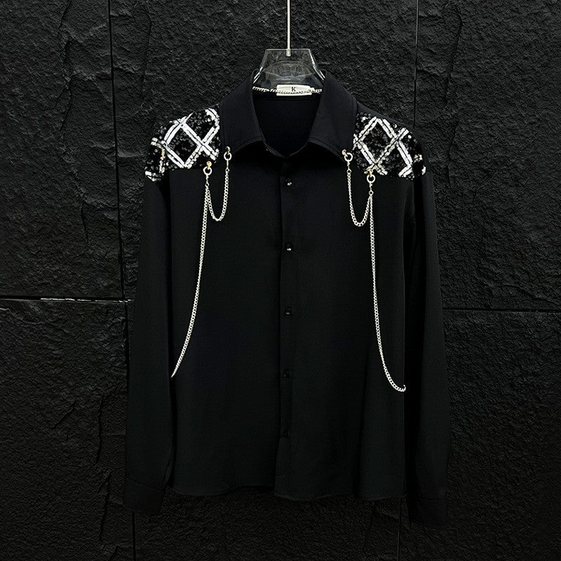 New high-end personalized metal chain design for men's long sleeved patchwork loose sequined shirt
