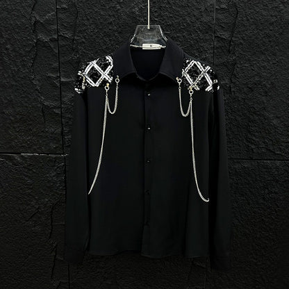New high-end personalized metal chain design for men's long sleeved patchwork loose sequined shirt