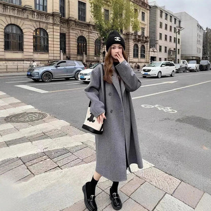 Oatmeal Color Woolen Coat Women's Loose Mid-Length Korean Style Autumn Winter New Arrival Fashion Outerwear Pure Color Full Slee