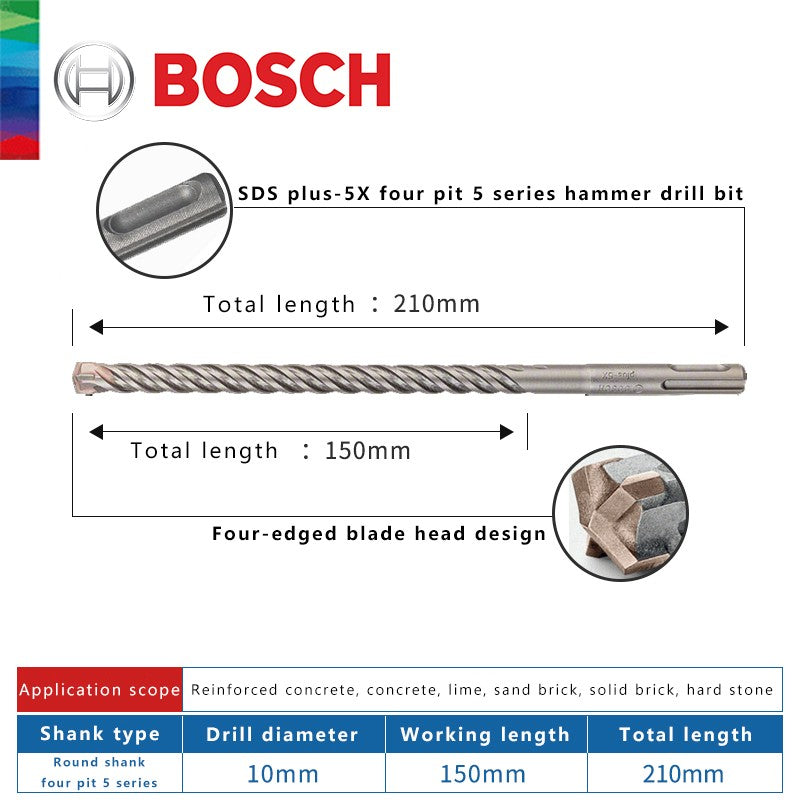 BOSCH Broca para Concreto e Madeira para Martelo Elétrico de Quatro Furos e Duas Ranhuras, de Duas Pontas, Série 5, com Haste Redonda
