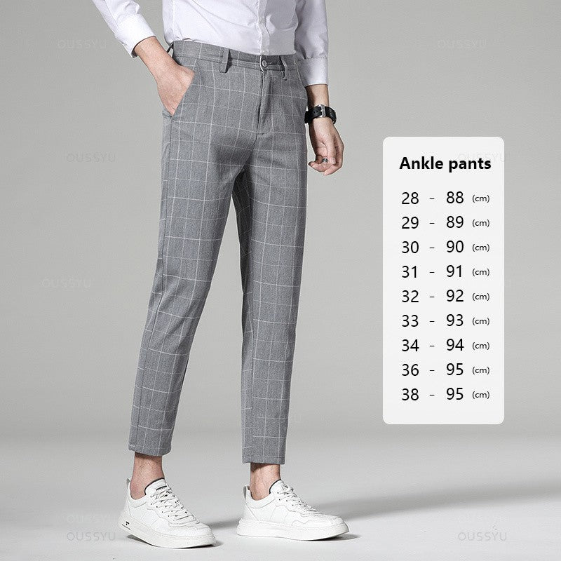 High Quality Plaid Stripe Ankle Length Pants Men Business Long Length Pant Straight Korea Grey Black Suit Formal Trousers Male