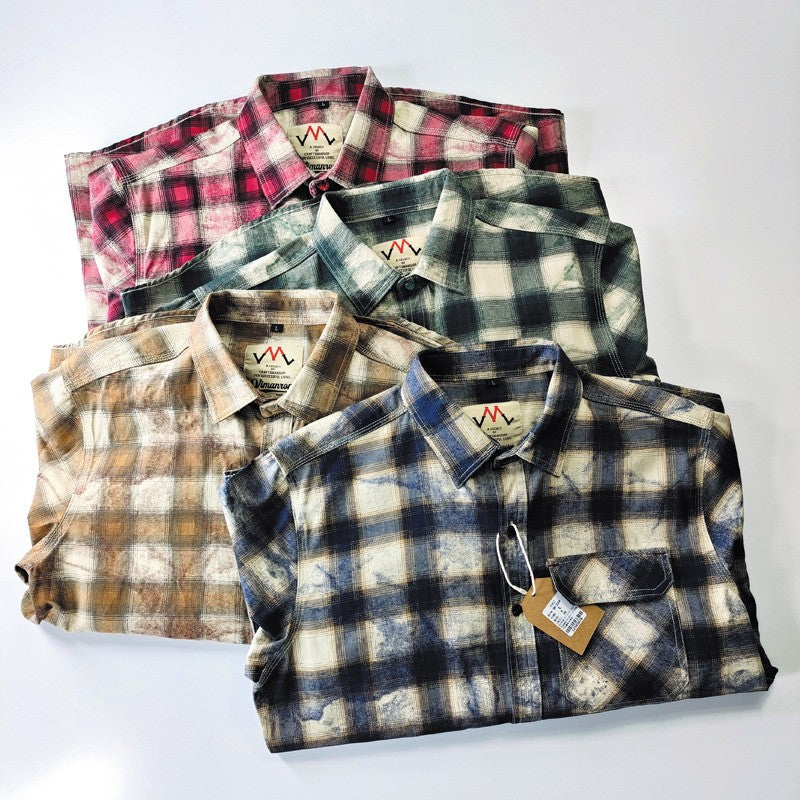 Autumn New Japanese Retro Long-Sleeve Lapel Plaid Cargo Shirt Men's Simple 100% Cotton Washed Pocket Casual Blouses Thin Coat