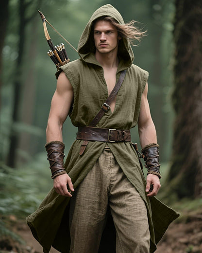 Men's Medieval Hooded Surcoat Renaissance Tabard Sleeveless Tunic Cloak Viking Costume Holloween Assassin Cosplay