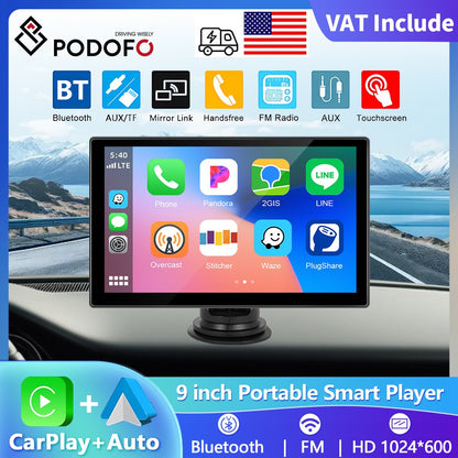 Player de Vídeo Multimídia de Rádio para Espelho de Carro Portátil de 9" Universal Sem Fio CarPlay Android Auto Tela Bluetooth AUX TF GPS DVR