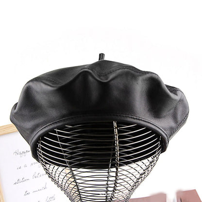 Boina Feminina de Couro Genuíno de Ovelha Outono Inverno Chapéu de Pintor Estilo Britânico Vintage Versátil Casual de Couro Legítimo