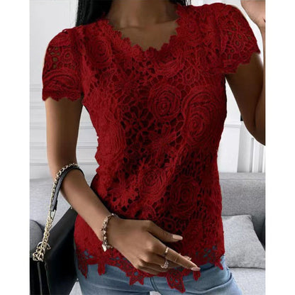 Women Lace Blouse Tops Summer V Neck Short Sleeve Lace Patchwork OL Blouse Shirts LRFZ-9911