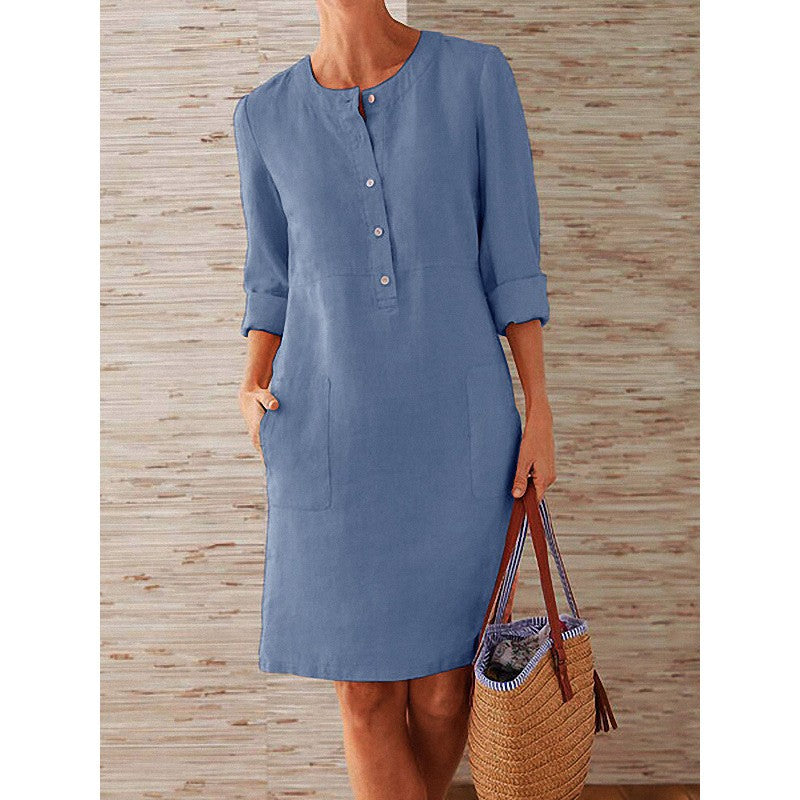 Women Casual Soild Long Sleeve Cotton And Linen Tunic Dress Vintage Straight Dress Long Sleeve Oversized Mini Knee-Length Dress