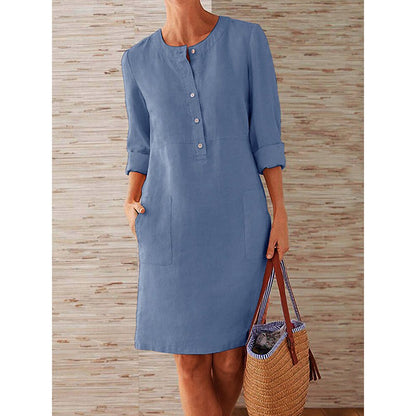 Women Casual Soild Long Sleeve Cotton And Linen Tunic Dress Vintage Straight Dress Long Sleeve Oversized Mini Knee-Length Dress