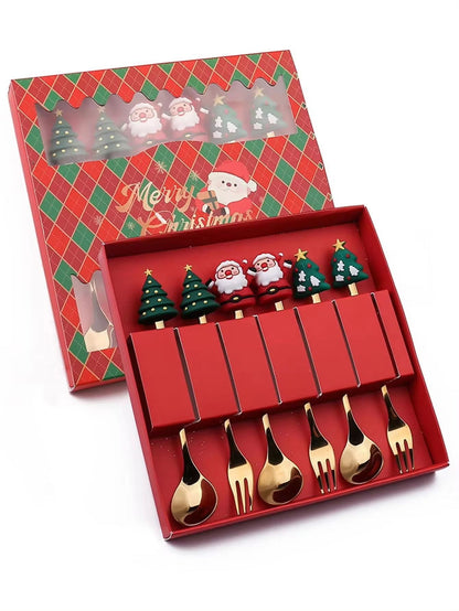 Conjunto de Talheres com Tema Natalino Aço Inoxidável Faca Garfo Colher com Desenho Animado Criativo Conjunto de 2/4/6 Peças Presente de Fim de Ano Decoração de Talheres