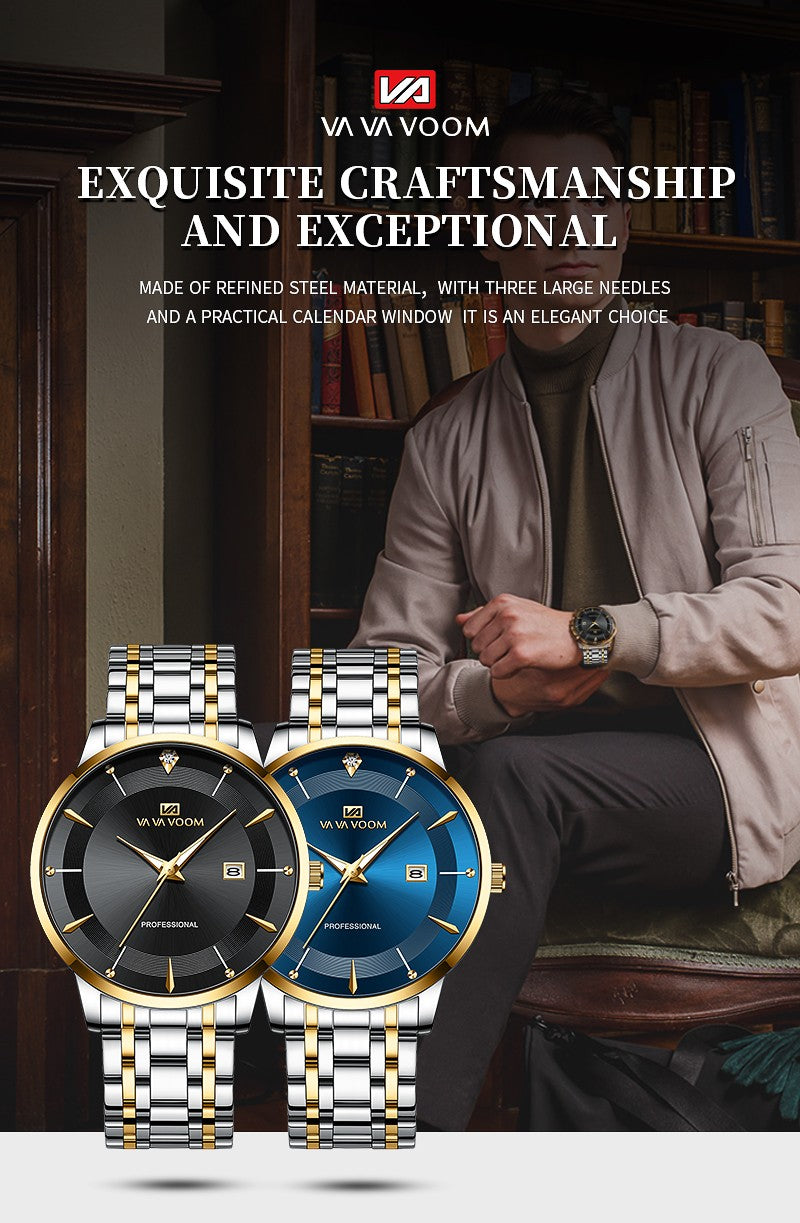 2024 New Men Watch Stainless Steel Business Style Luxury Rhinestone 43mm Blue Gold Quartz Movement Wristwatch Relogios Masculino