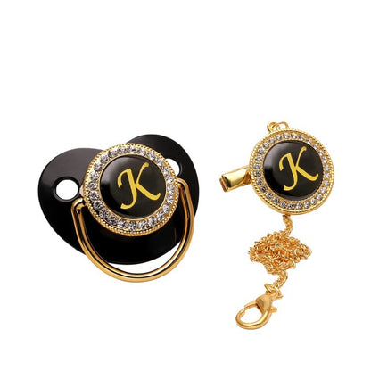 Black Luxury Pacifier Chain Clips with Lid Name Initial Letter Silicone Nipple Holder Personalized Pacifiers Newborn Baby Shower