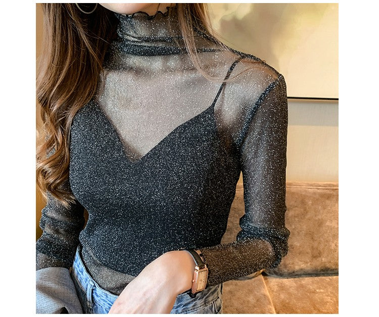 Spring Summer Women's Sexy See Through Mesh Blouse Long Sleeve Transparent Shining Elegant Shirt Fashion Women Tops 2025