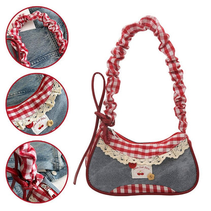 New Cute Checkered Handbags Sweet Lace Underarm Bag Bowknot Armpit Shoulder Crossbody Bag Y2k Fashion Casual Shoulder Bag
