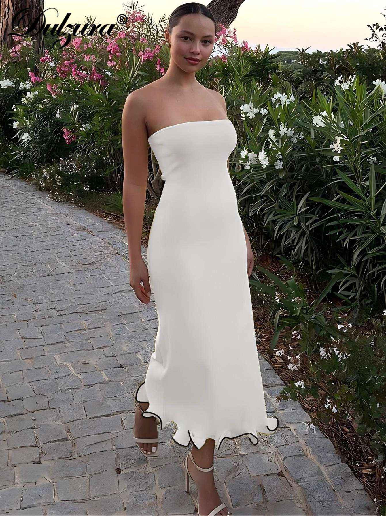 Dulzura Sleeveless Ruffles Patchwork Strapless Bodycon Midi Dress Women'S Solid