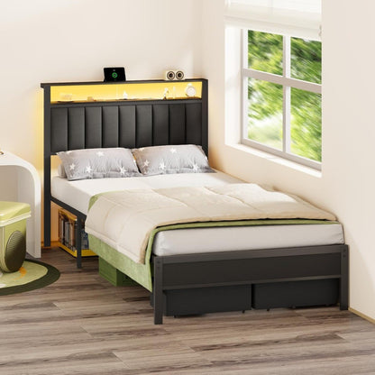 Bed Frame Charging Station and LED Lights,Grey Upholstered Headboard with Shelves,Metal Platform Bed with 2 Under-Bed Storage
