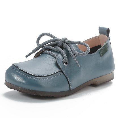 Vintage Plain Oxfords Shoes Women's Genuine Leather Flats Ladies Laced Up Moccasins Elderly Woman Square Toe Driving Loaferss