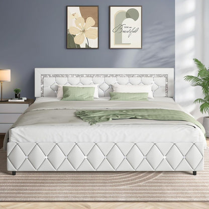 Cama King Size com Estrutura e Cabeceira Diamante, Plataforma Estofada em Couro Sintético, Base para Colchão, Não Requer Box Spring,