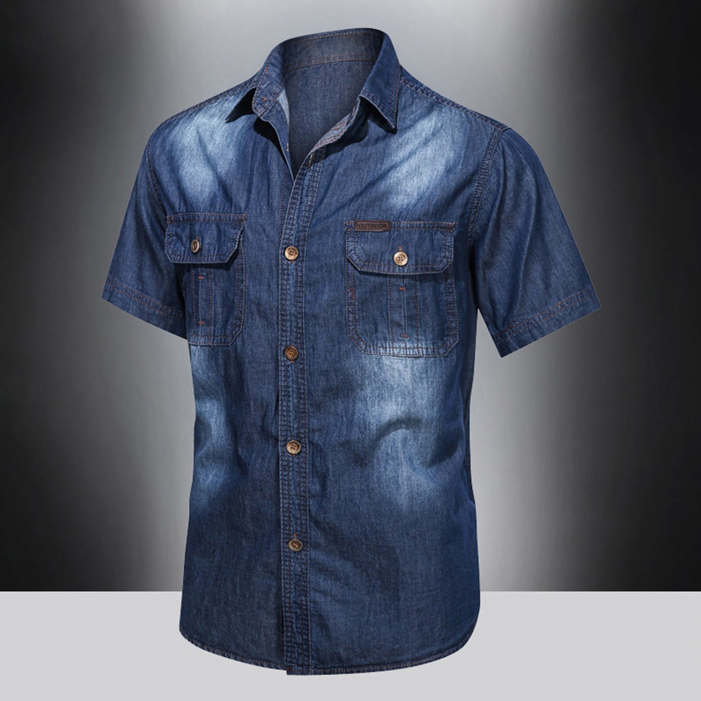 Men's Vintage Denim Cargo Shirts Summer Solid Short Sleeve Lapel Neck Multi Pockets Button Down Thin Casual Temperament Tops