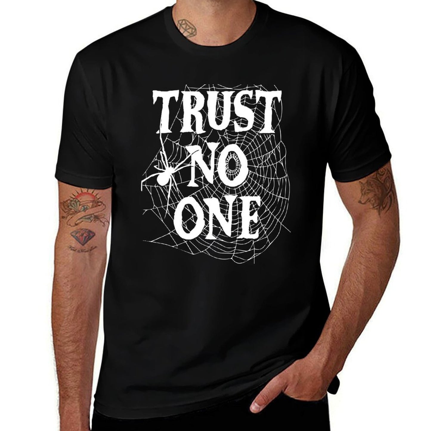 Trust No One Spider in a Spiderweb Quote T-Shirt man t shirts cotton black cotton t-shirt plain for man package T-Shirt