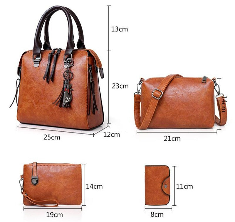 Women Composite Tassel Bag Luxury Leather Purse Handbags Famous Brands Designer Top-Handle Female Shoulder Bag 4pcs/set