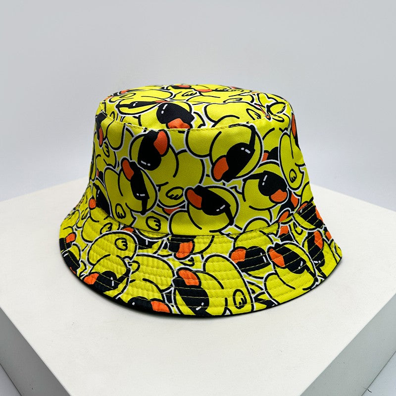 New Unisex Print Yellow Duck Bucket Hats Sunshade Double Sided Wearable Fashion Cute Casual Fisherman Caps Versatile Cartoon ins