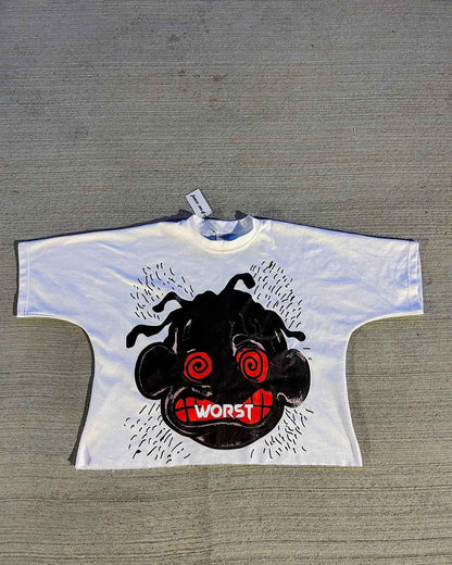 American Hip-hop Anime Print Oversized T-shirt Men Retro Trendy Streetwear Top Pure Cotton Round Neck Casual Loose Short Sleeves