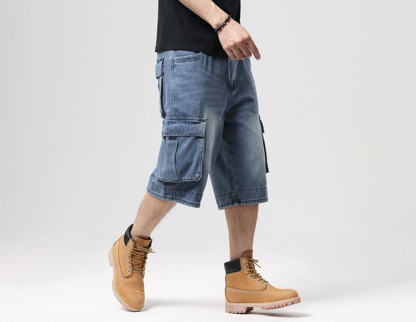 ABOORUN Mens Plus Size Loose Baggy Denim Shorts Fashion Streetwear Hip Hop Skateboard Cargo Jeans Short for Male R1402