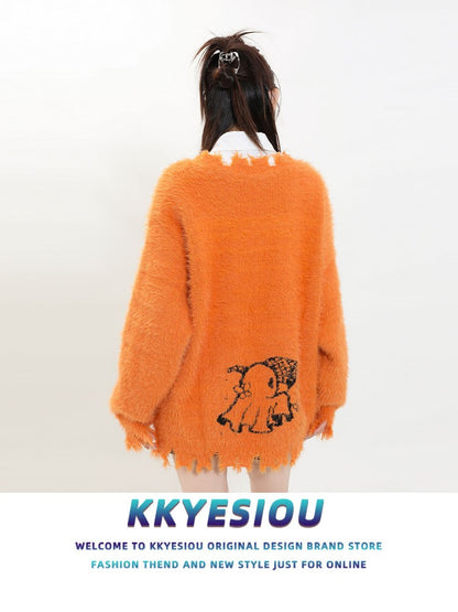 KKyesiou Dopane Orange Knitted Sweater loween Design Men Women Retro American Sle Couple's Long Sve Casual Loose Fit