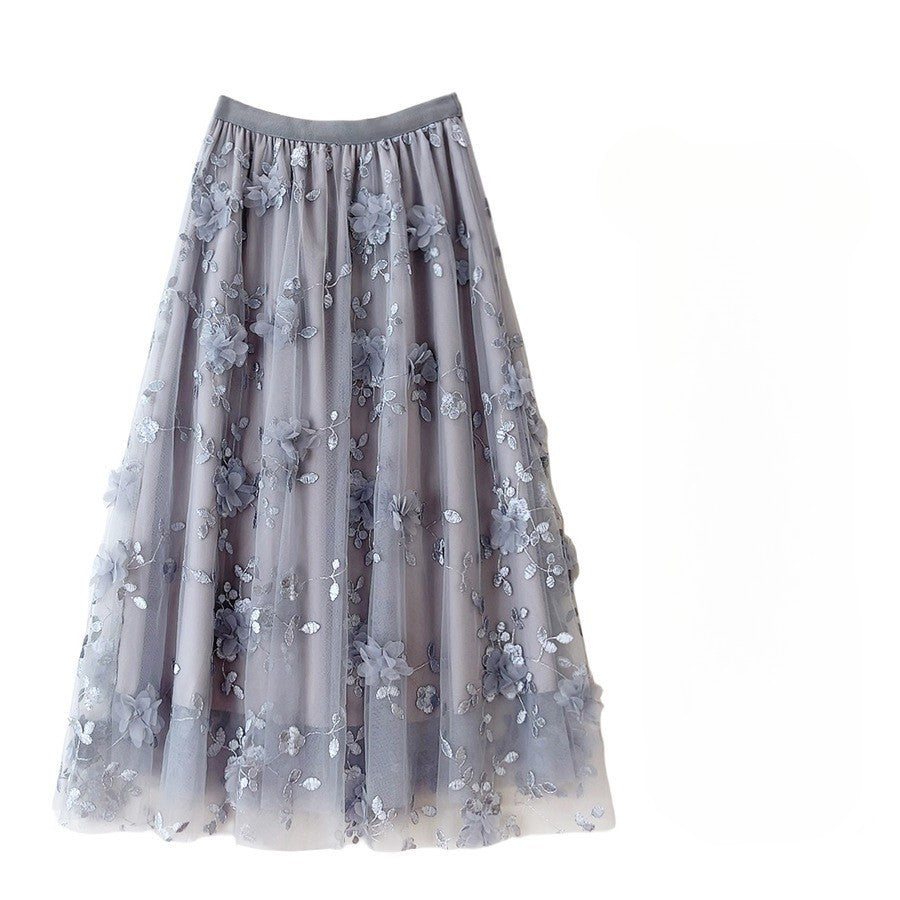 New in A-Line High Waist Embroidery 3D Flower Tulle Midi Skirt Women Spring Summer Pink Chic Elegant Mesh Party Long Skirt